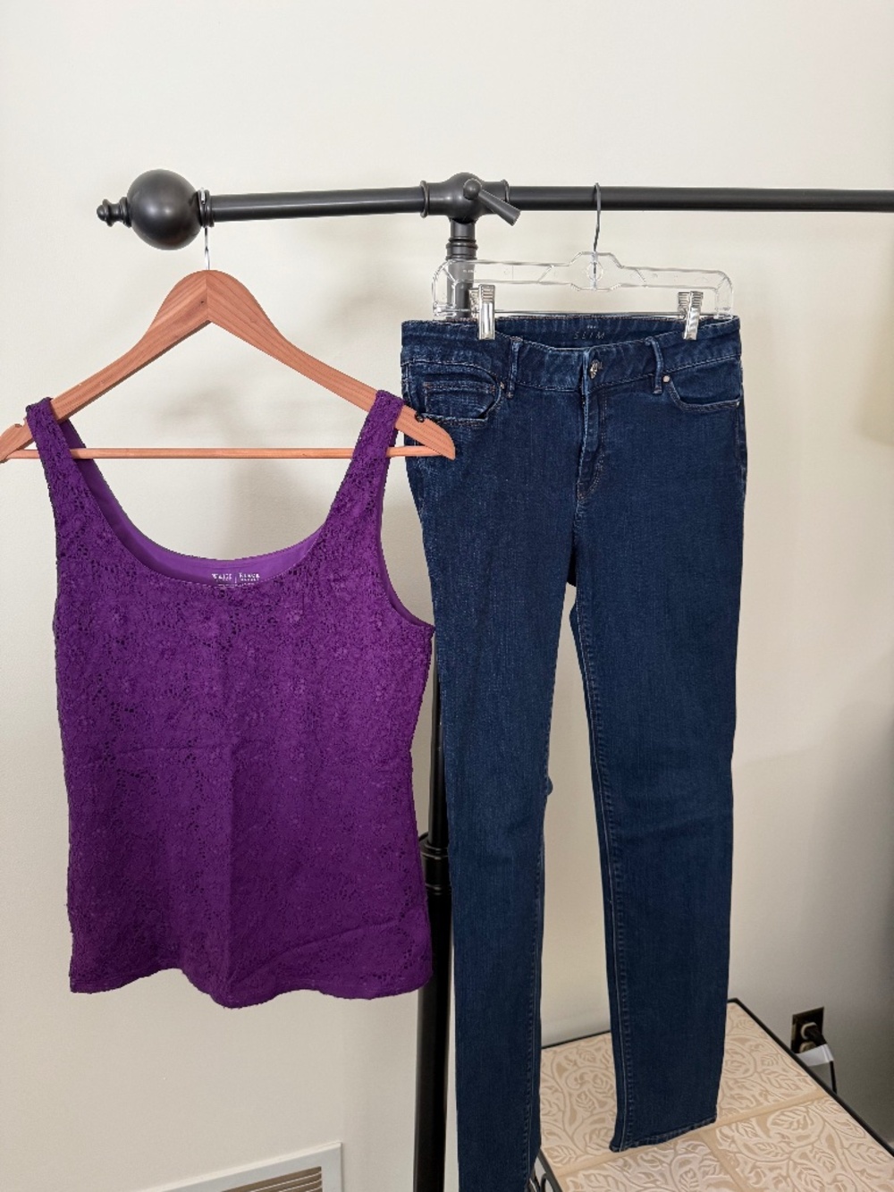 WHBM Purple Lace Tank & Dark Wash Slim Jeans 2-Piece Set